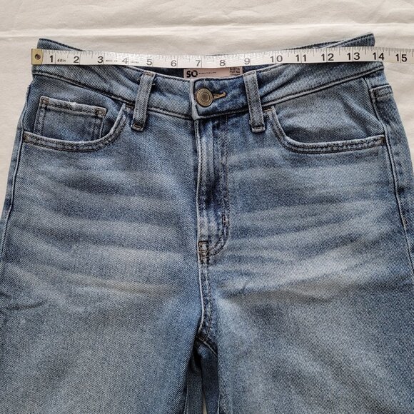 SO High Rise Baggy Straight Jeans Distressed Ripped Raw Hem Medium Wash Denim 5 - Picture 7 of 13